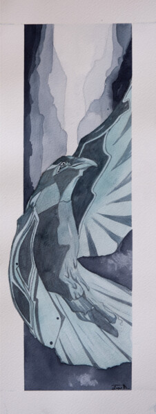 Painting titled "Corbeau Bleu #2" by Emma Plesse, Original Artwork, Watercolor