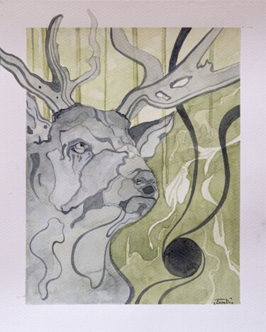 Painting titled "Cerf" by Emma Plesse, Original Artwork, Watercolor