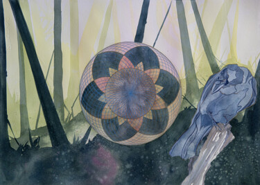 Peinture intitulée "Rosace et Corbeau" par Emma Plesse, Œuvre d'art originale, Aquarelle