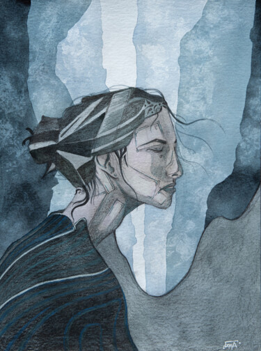 Malerei mit dem Titel "Portrait bleu #1" von Emma Plesse, Original-Kunstwerk, Aquarell