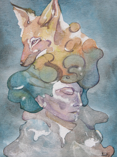 Pintura intitulada "Femme et Renard" por Emma Plesse, Obras de arte originais, Aquarela