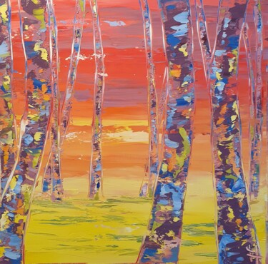 Ζωγραφική με τίτλο "coloured trees 2" από Emma Heffe, Αυθεντικά έργα τέχνης, Λάδι Τοποθετήθηκε στο Ξύλινο φορείο σκελετό