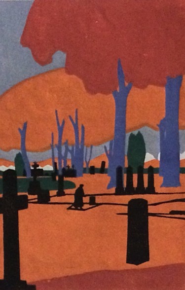 Printmaking titled "Man in Cemetery" by Emma Kelly, Original Artwork, Linocuts