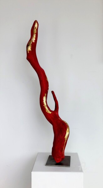 Sculpture titled "Ascension Rouge & Or" by Emma Lapassouze, Original Artwork, Wood