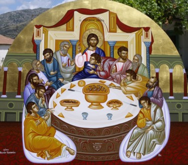 Painting titled "The Last Supper" by Emmanouel Roukoudis, Original Artwork, Oil