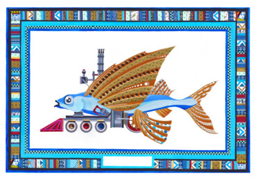 Collages intitolato "Le poisson volant à…" da Emmanuel Brocart, Opera d'arte originale, Collages