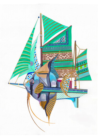 Collages titulada "Le poisson voilier" por Emmanuel Brocart, Obra de arte original, Acrílico
