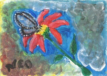 Schilderij getiteld "a flor e a borboleta" door Emmanuel Costa, Origineel Kunstwerk, Aquarel