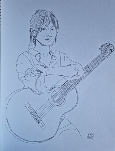 Drawing titled "femme a la guitard" by Emmanuel Forgues, Original Artwork, Pencil