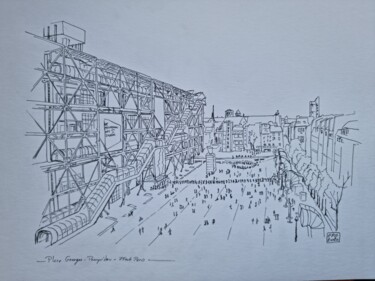 Zeichnungen mit dem Titel "Place Georges Pompi…" von Emmanuel Forgues, Original-Kunstwerk, Bleistift