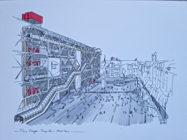 Zeichnungen mit dem Titel "Place Georges Pompi…" von Emmanuel Forgues, Original-Kunstwerk, Tinte