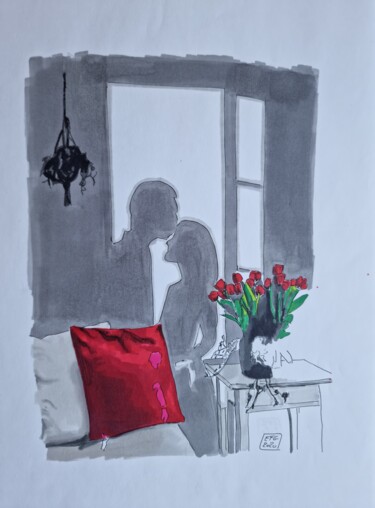 Drawing titled "weekend en couple" by Emmanuel Forgues, Original Artwork, Marker