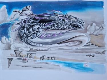 Desenho intitulada "dragon dans le ciel" por Emmanuel Forgues, Obras de arte originais, Lápis