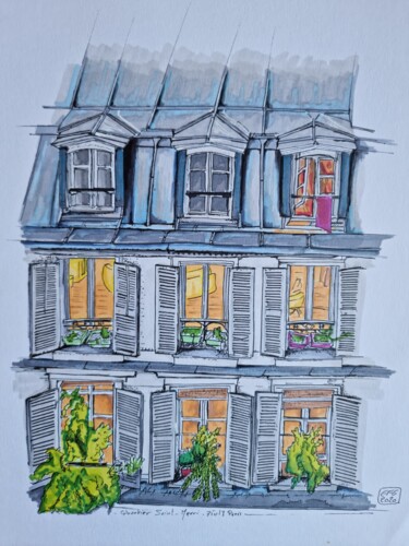 Drawing titled "quartier Saint-Merri" by Emmanuel Forgues, Original Artwork, Pencil