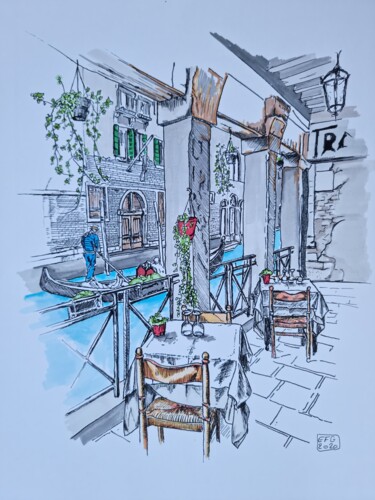 Dessin intitulée "Diner a Venise" par Emmanuel Forgues, Œuvre d'art originale, Crayon
