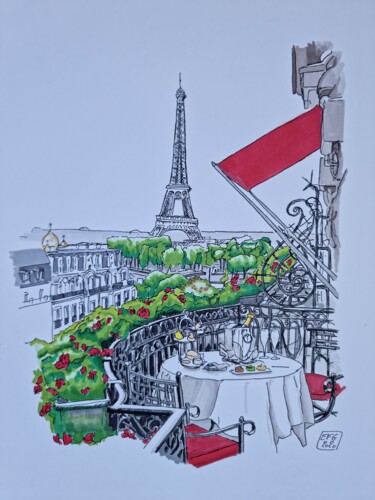 Рисунок под названием "diner a paris" - Emmanuel Forgues, Подлинное произведение искусства, Карандаш