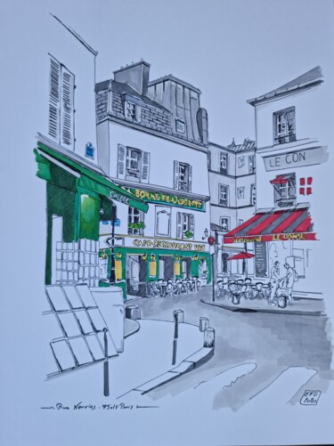 Dessin intitulée "rue Norvins" par Emmanuel Forgues, Œuvre d'art originale, Crayon