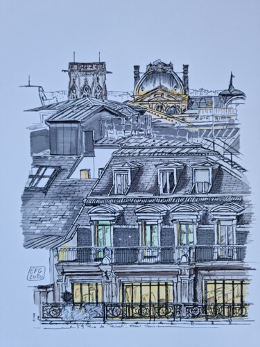 Desenho intitulada "Rue  de Rivoli en c…" por Emmanuel Forgues, Obras de arte originais, Lápis