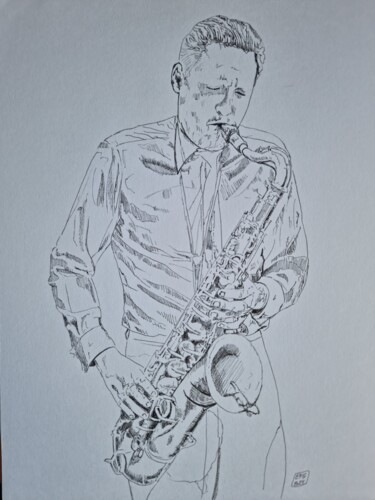Tekening getiteld "saxophoniste" door Emmanuel Forgues, Origineel Kunstwerk, Potlood