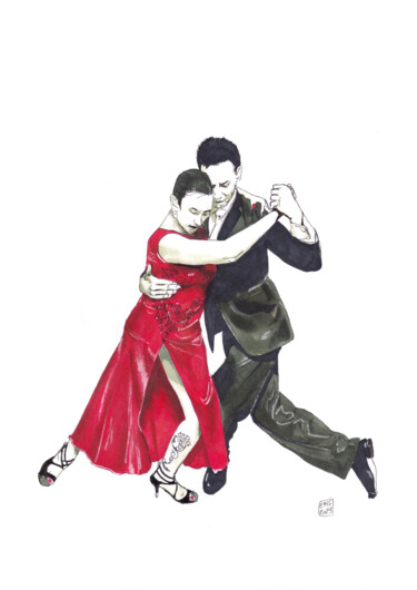 Dibujo titulada "Danseurs de Tango A…" por Emmanuel Forgues, Obra de arte original, Rotulador