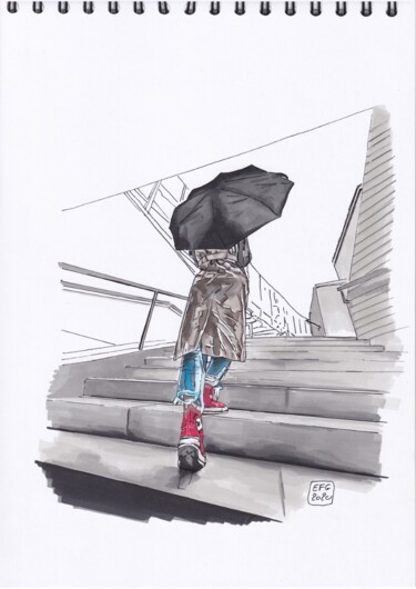 Drawing titled "sous le parapluie" by Emmanuel Forgues, Original Artwork, Marker
