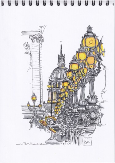 Dibujo titulada "Pont Alexandre III…" por Emmanuel Forgues, Obra de arte original, Rotulador