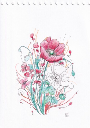 Zeichnungen mit dem Titel "Bouquet de Fleurs" von Emmanuel Forgues, Original-Kunstwerk, Bleistift