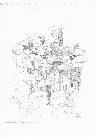 Drawing titled "Parapluies" by Emmanuel Forgues, Original Artwork, Ink