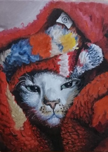 Painting titled "cat-inred.jpg" by Emmanuel Groult, Original Artwork, Oil