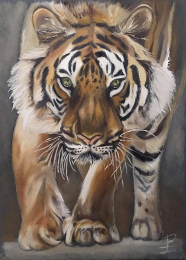 Painting titled "Tigre" by Emmanuel Le Pogam, Original Artwork, Oil Mounted on Wood Stretcher frame