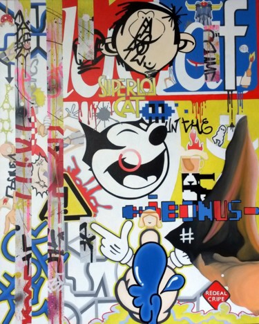 「SUPER LOL CAT」というタイトルの絵画 Emmanuel Pajotによって, オリジナルのアートワーク, オイル ウッドストレッチャーフレームにマウント
