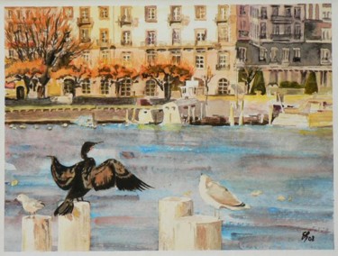 Peinture intitulée "Cormoran à Genève" par Emmanuel Bochet, Œuvre d'art originale, Aquarelle