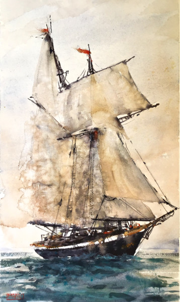 Voilier - sailing ship Peinture intitulée "Voilier - sailing s…" par Emmanuele Cammarano, Œuvre d'art originale, Aquarelle