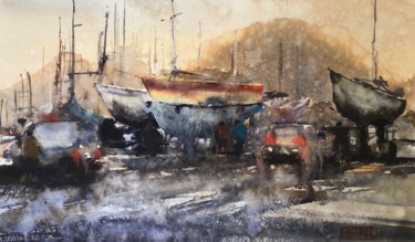 bateaux lugano suisse - boats switzerland Peinture intitulée "bateaux lugano suis…" par Emmanuele Cammarano, Œuvre d'art originale, Aquarelle