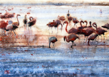 Los flamingos Pittura intitolato "Los flamingos" da Manu - Emmanuele Cammarano, Opera d'arte originale, Acquarello