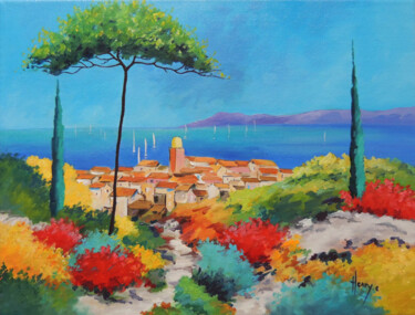 Painting titled "Vue de St Tropez" by Emmanuel Henry, Original Artwork, Oil Mounted on Wood Stretcher frame