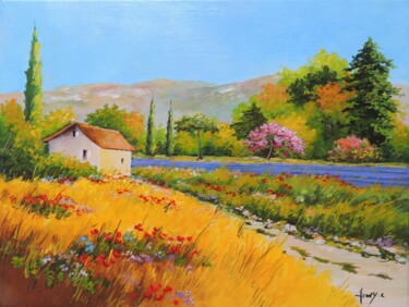 Painting titled "Le Cabanon, Paysage…" by Emmanuel Henry, Original Artwork, Oil Mounted on Wood Stretcher frame