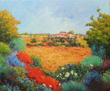 Painting titled "Provence, Ménerbes…" by Emmanuel Henry, Original Artwork, Oil Mounted on Wood Stretcher frame