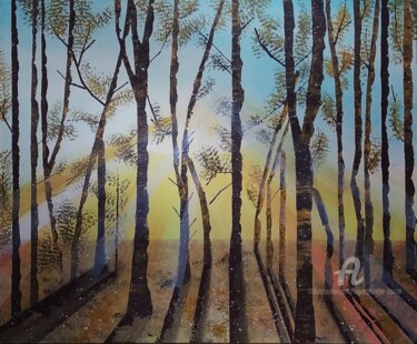 Картина под названием "The golden trees" - Emmanuelle Donzé, Подлинное произведение искусства, Акрил