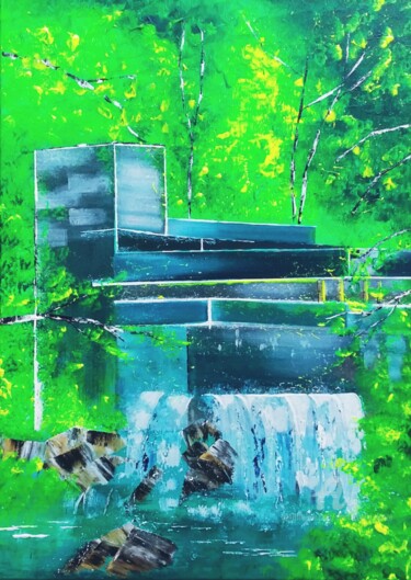 Painting titled "Fallingwater house" by Emmanuelle Donzé, Original Artwork, Acrylic Mounted on Wood Stretcher frame