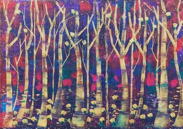 Картина под названием "La forêt Carmin" - Emmanuelle Donzé, Подлинное произведение искусства, Акрил Установлен на Деревянная…