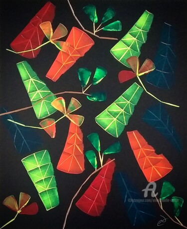 Malerei mit dem Titel "Les feuilles carrées" von Emmanuelle Donzé, Original-Kunstwerk, Acryl Auf Keilrahmen aus Holz montiert