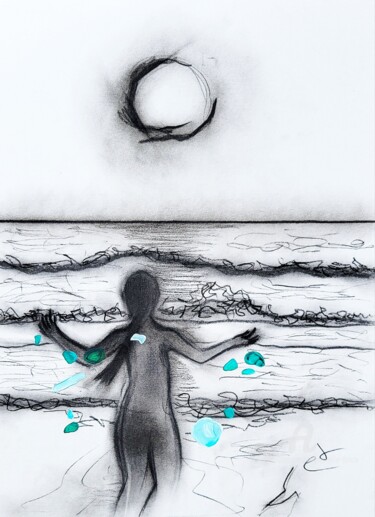 Disegno intitolato "L'enfant et les pie…" da Emmanuelle Donzé, Opera d'arte originale, Carbone
