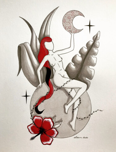 Dessin intitulée "Planète Hibiscus" par Emmanuelle Liem, Œuvre d'art originale, Encre