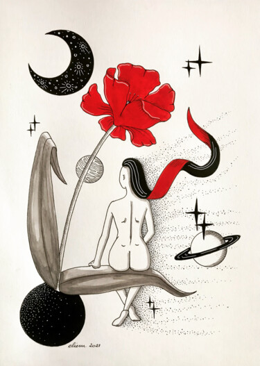 Dessin intitulée "La dernière fleur" par Emmanuelle Liem, Œuvre d'art originale, Encre