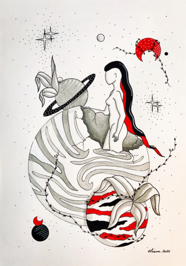 Dessin intitulée "La Découverte" par Emmanuelle Liem, Œuvre d'art originale, Encre