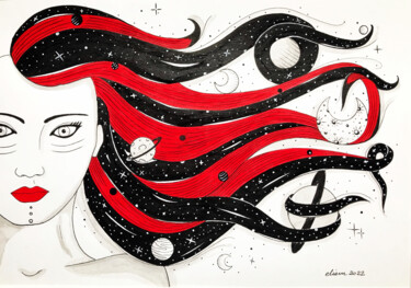 Dessin intitulée "La chevelure cosmiq…" par Emmanuelle Liem, Œuvre d'art originale, Encre