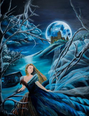 Peinture intitulée "Pleine lune à minuit" par Emmanuelle Menny Fleuridas, Œuvre d'art originale, Acrylique Monté sur Châssis…