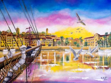 Quand on arrive à Cannes Peinture intitulée "Quand on arrive à C…" par Emmanuelle Menny Fleuridas, Œuvre d'art originale, Huile Monté sur Châssis en…