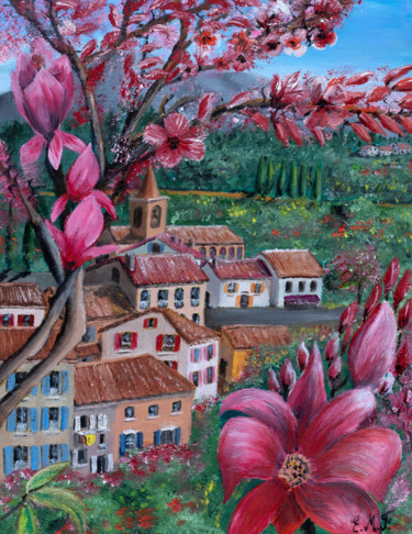 Schilderij getiteld "Un village fleuri" door Emmanuelle Menny Fleuridas, Origineel Kunstwerk, Olie